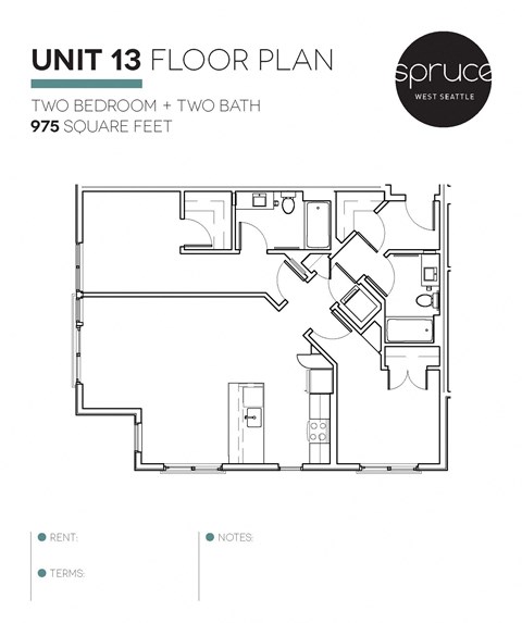 Floor plan for 2 beds, 2 baths, 975 sqft